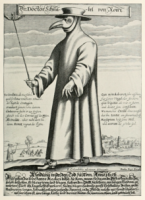 A drawing of a medieval plague doctor