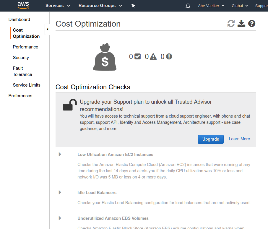 AWS Cost Optimization screenshot showing cost recommendations behind an upgrade paywall