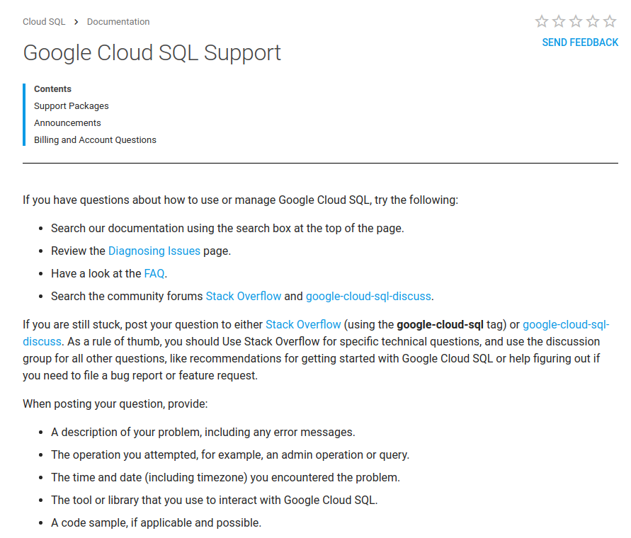 Screenshot of Google Cloud SQL Support page showing references to free support resources